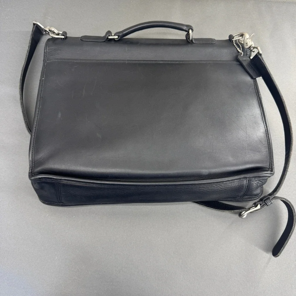 Vintage Coach Black Leather Briefcase Bag with Shoulder Strap & Key